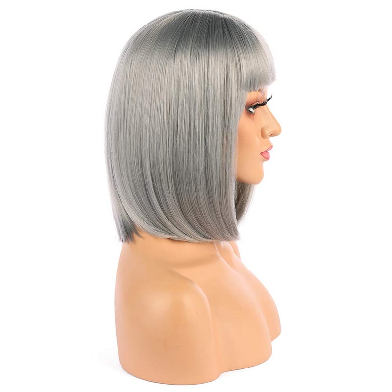 eNilecor Short Bob Hair Wigs 12" Straight with Flat Bangs Synthetic Colorful Cosplay Daily Party Wig for Women Natural As Real Hair+ Free Wig Cap (Silver Grey) - Image 4